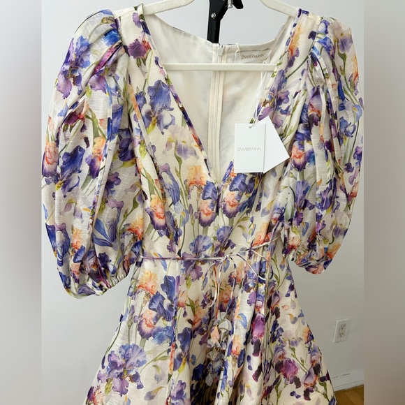 NWT Zimmermann (AU 3) Tama linen & silk puff sleeve Floral Mini Dress (US 10) - Picture 10 of 16